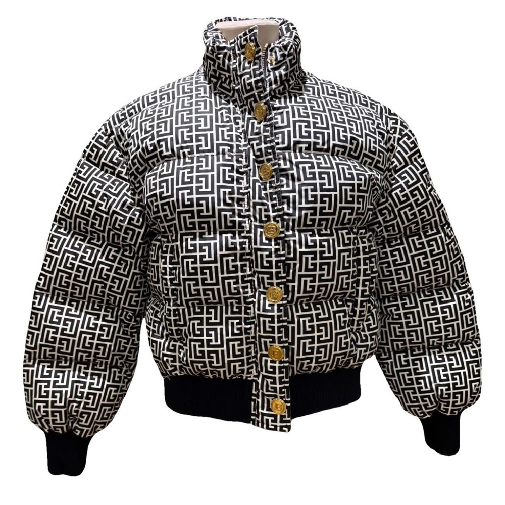 BALMAIN MONOGRAM BLACK & WHITE PUFFER JACKET FR SIZE 44 // US SIZE 12